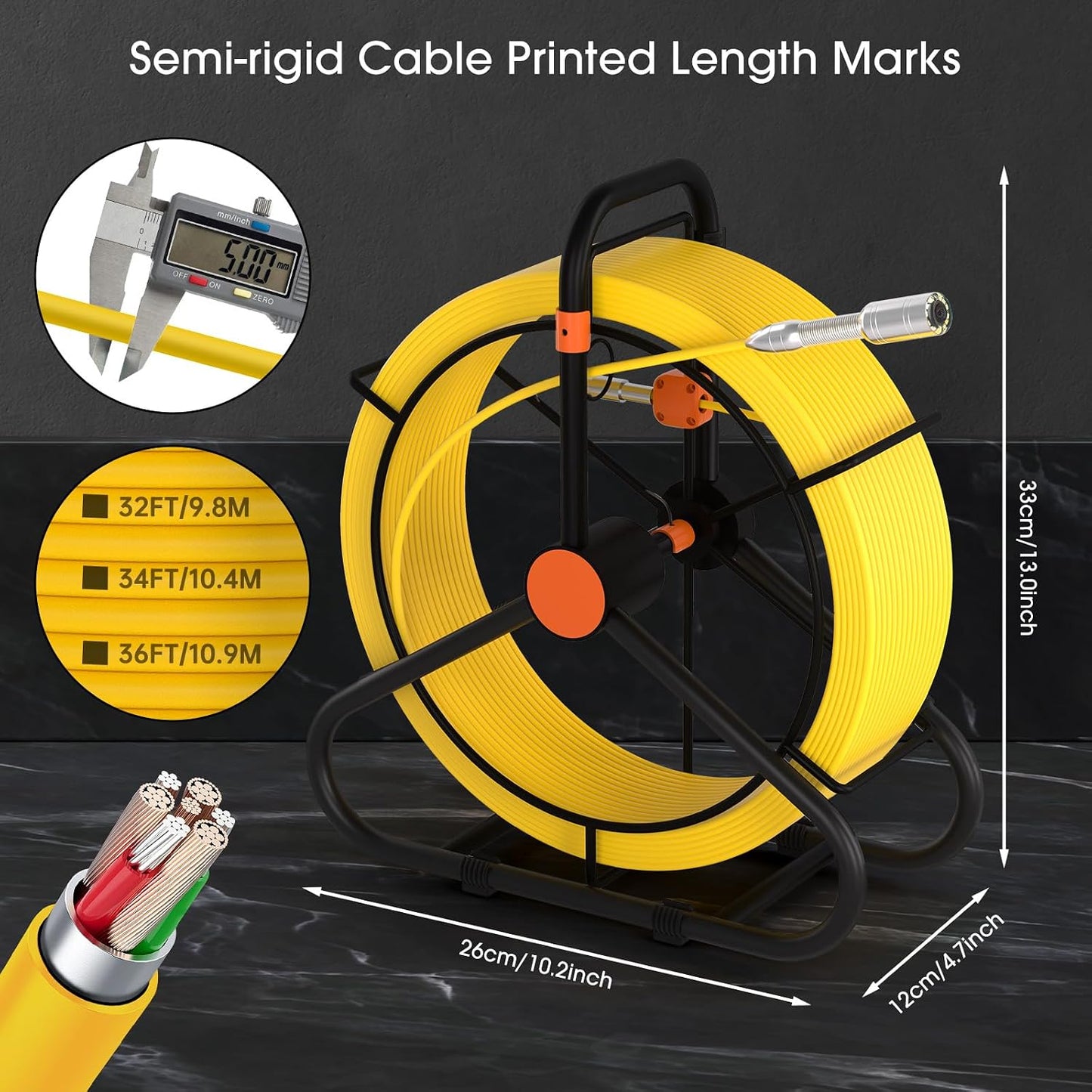 Sewer Camera 200FT,8500mAH 32GB HD JQKJCAM Duct Drain Pipe Inspection Camera with 12 Light,4.3" HD Video Screen,23MM/0.9'' Waterproof Plumbing Snake Cameras for Plumber Inspector (60m)