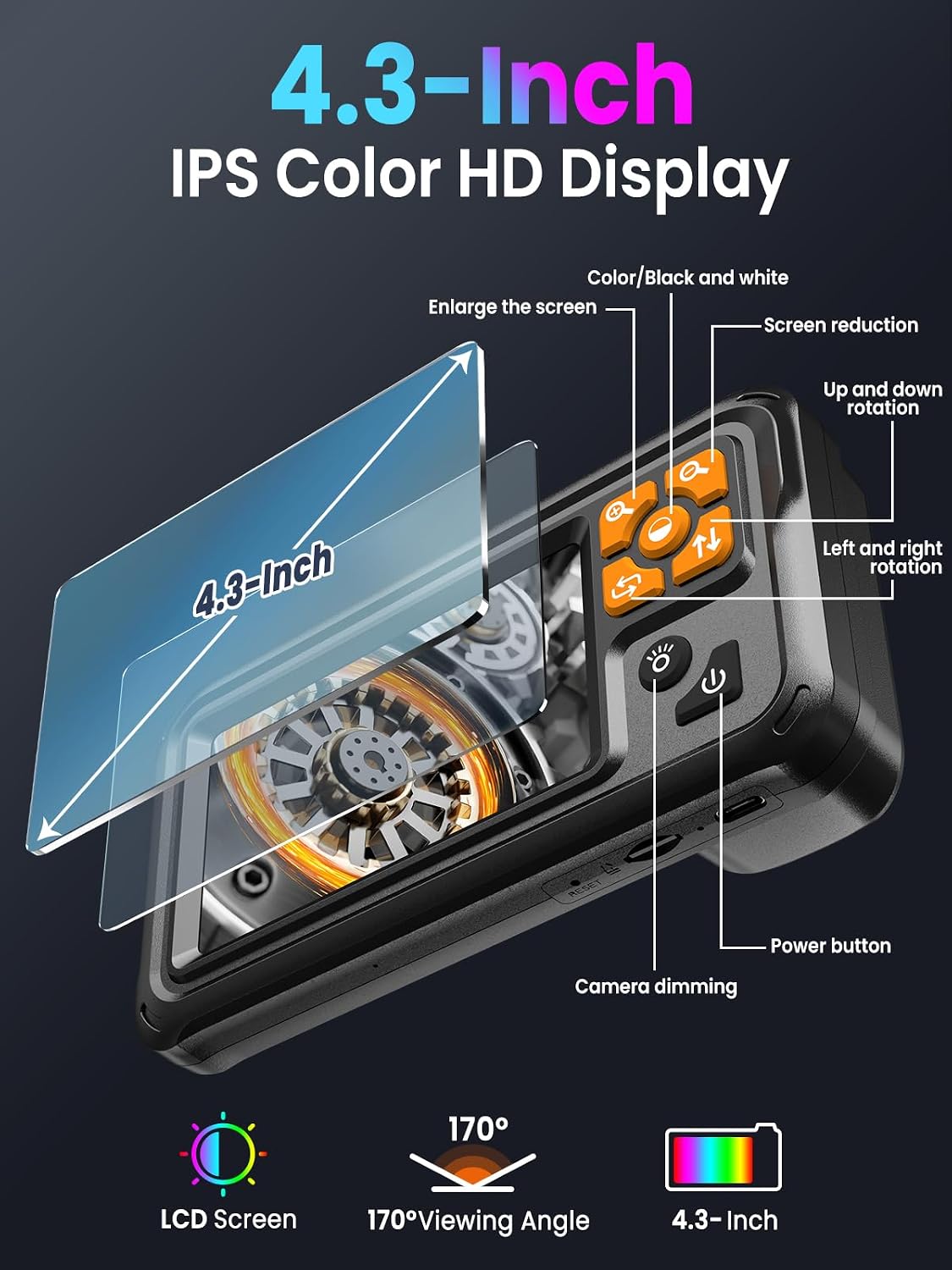 Endoscope Camera with Light, 4.3" IPS Screen 1080P Borescope with 8 LED Lights, 16.5 FT Semi-Rigid Cable Snake Camera, IP67 Waterproof Sewer Inspection Men Tool Single Lens