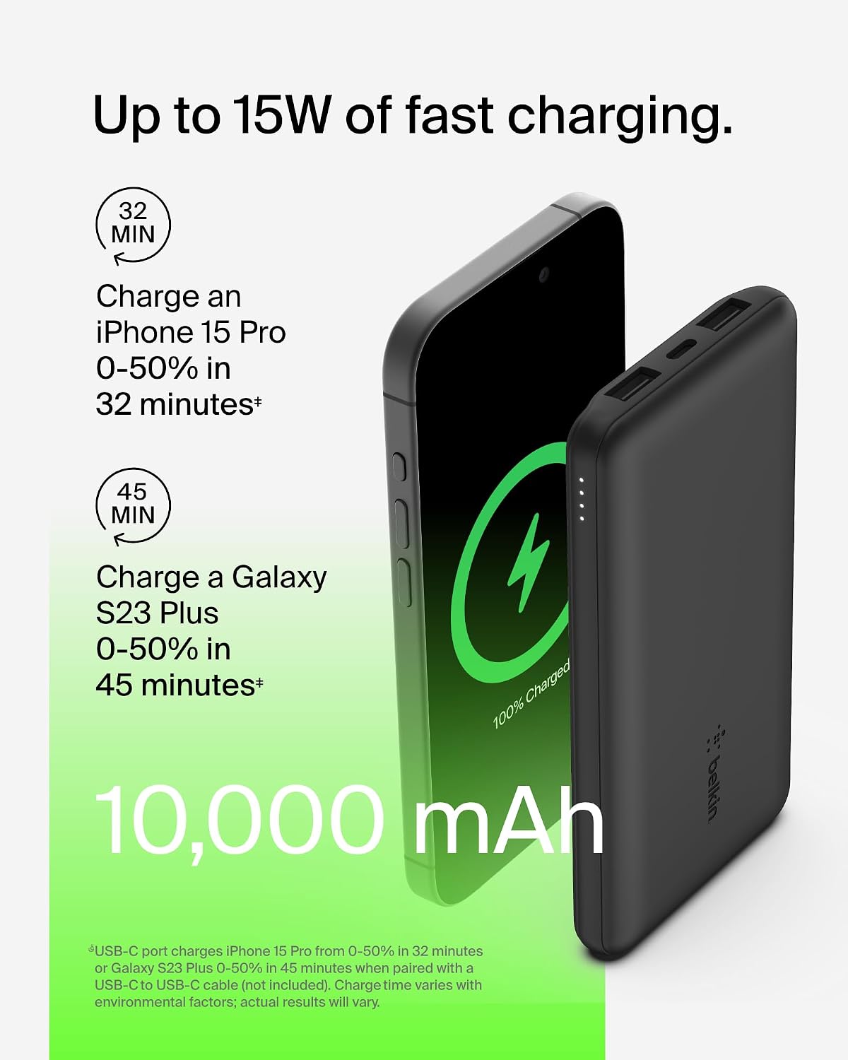 Belkin 10000mAh 15W 3 Port Power Bank, USB A to USB C Cable Included | Fast Charging, iPhone 17, Samsung Galaxy, Pixel, Airpods, iPad, Nintendo Switch 2, Battery Pack, USB C Port, USB A Port