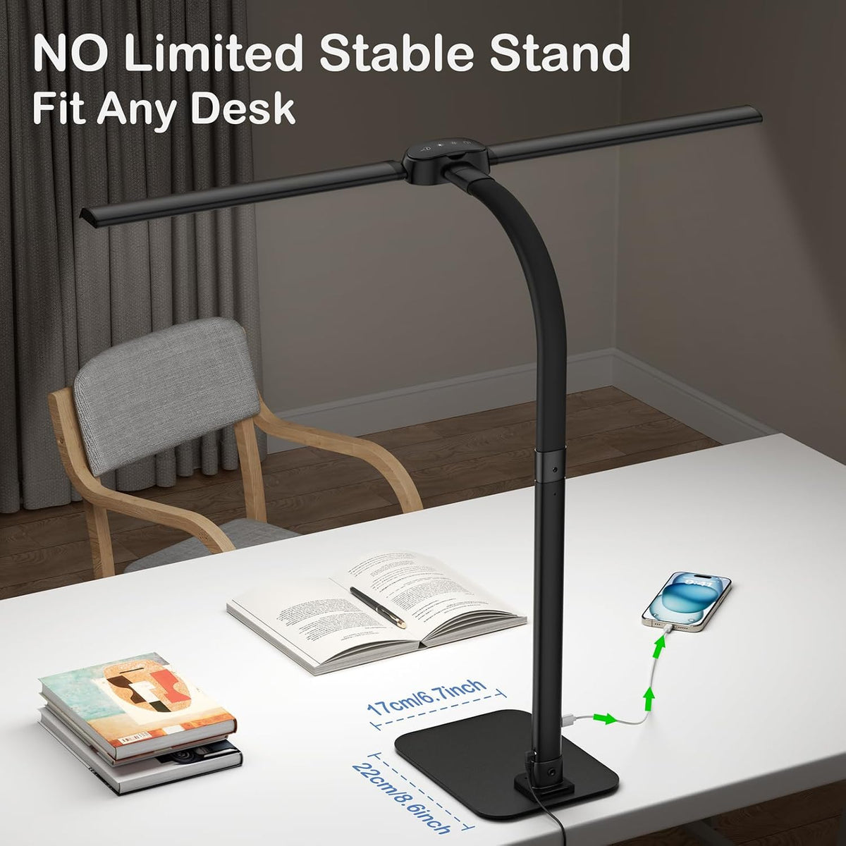 24W LED Desk Lamp for Home Office, 1500lm Dual Head Task Light with Remote