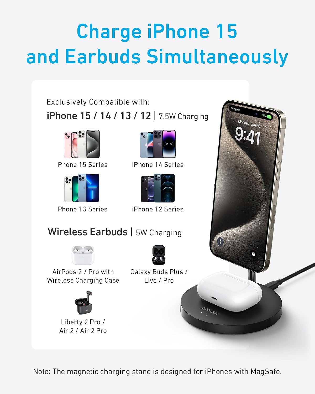 Anker PowerWave 2-in-1 MagSafe Compatible Wireless Charging Stand | Magnetic Dual-Device Dock Lite for iPhone 16 / 15 / 14 / 13 Series, AirPods 2 / Pro, and More (Adapter Not Included)