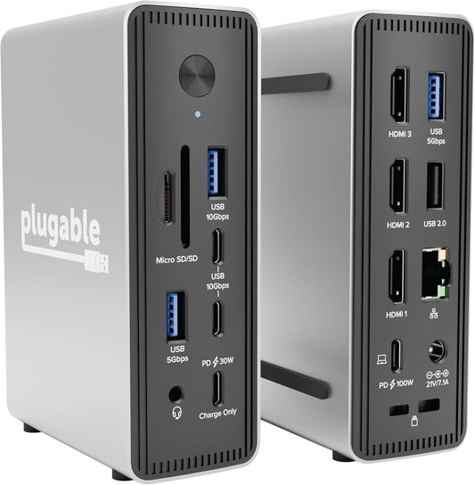 Plugable USB-C Triple Display Laptop Docking Station 3 Monitors, 15-in-1: 3X HDMI, Dual 4K or Triple (1x 4K60 + 2X 1080p) 2.5GbE, 100W PD, 30W USB-C Charge Port, Driverless for Windows, UD-MSTH3