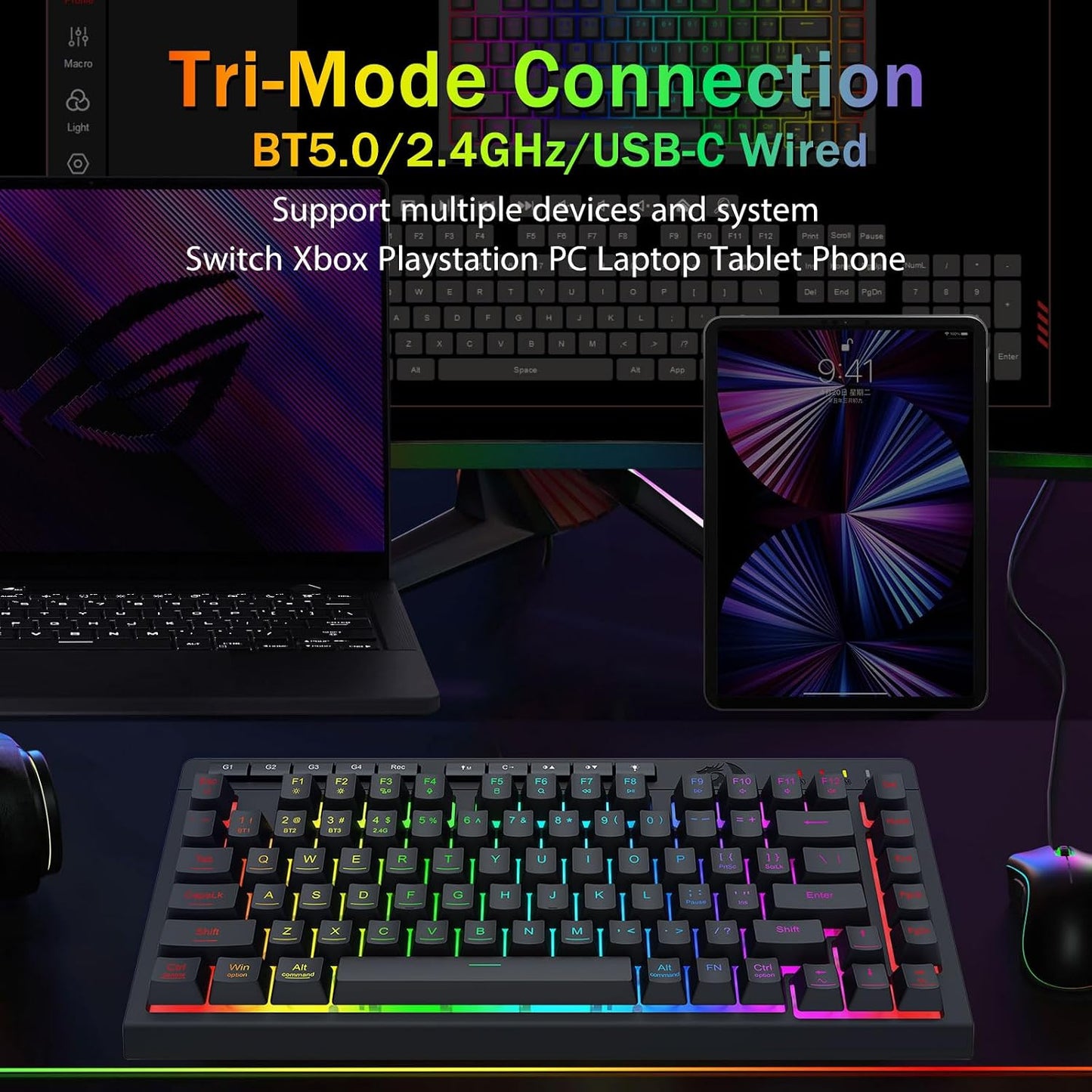 Redragon Wireless Gaming Keyboard, RGB Backlit, Portable 75% Design, Black | Bluetooth/2.4GHz/USB-C Wired, Mini Quiet Macro Membrane Keyboard, Rechargeable 4000mAh Battery, Anti-Ghosting for Win/MAC