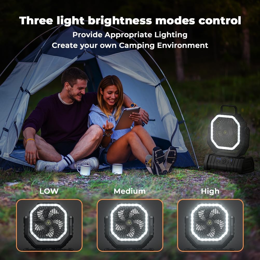 Camping Fan - 20000mAh Battery Powered Fan Rechargeable with LED Lantern - Portable Outdoor Tent Fans with Hanging Hook 4 Speeds Wind Remote Control, Black