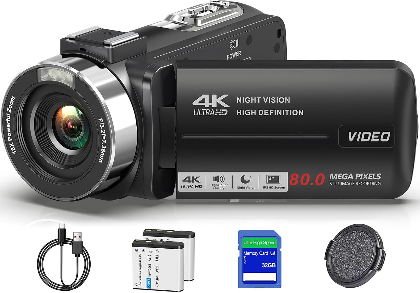 4K Video Camera Ultra HD 80MP Camcorder for YouTube Vlogging Webcam | 18X Digital Zoom, 3.0" 270° Rotatable IPS Screen, IR Night Vision, Video Recorder With 32GB SD Card, Lens Cap & 2 Batteries