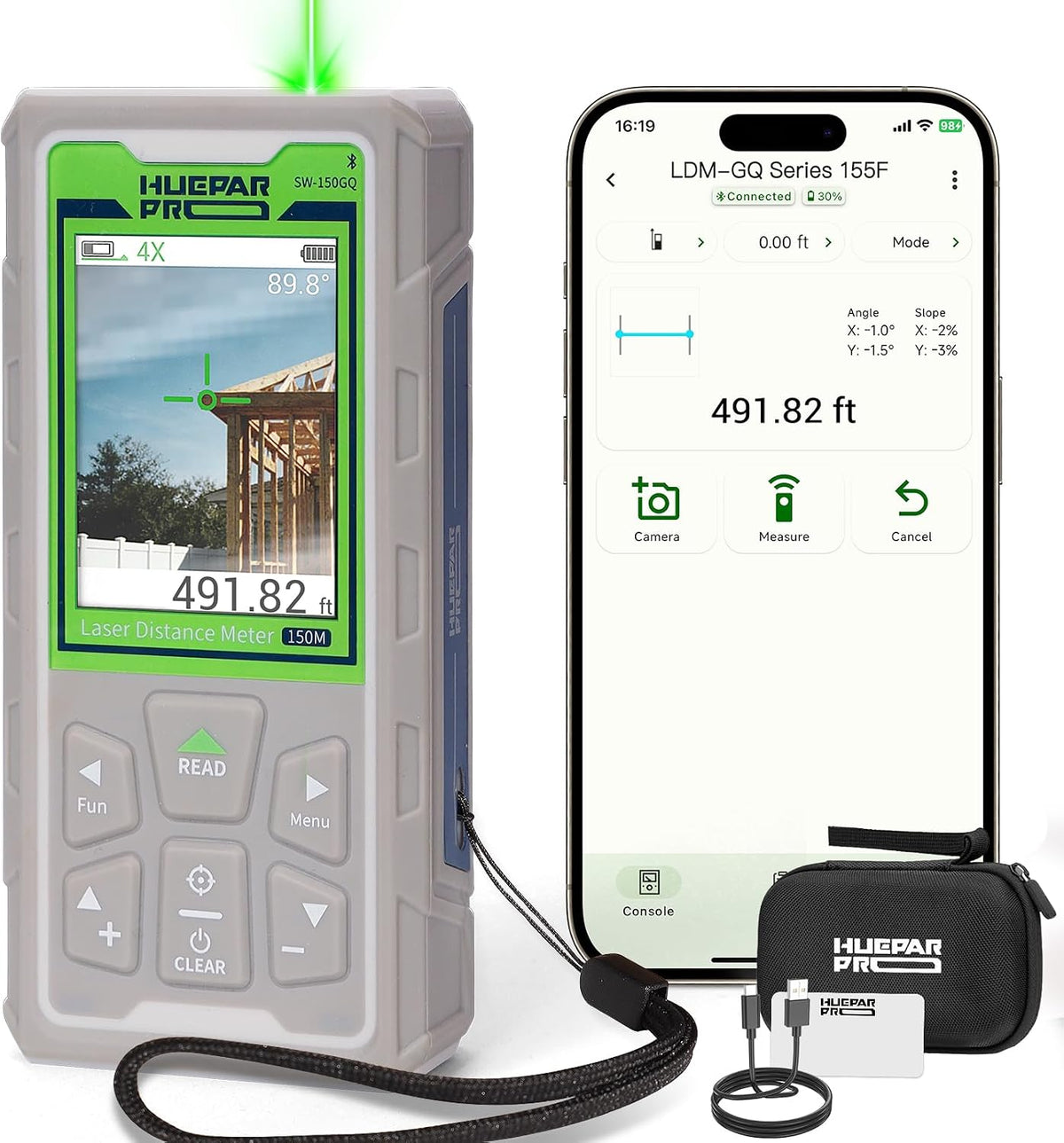 Huepar Pro Laser Measuring Tool, 495Ft Outdoor Laser Measure with Camera&Bluetooth Connected, Green Laser Distance Meter with P2P Technology, Free APP, IP68, Micro USB Cable, Hand Strap&Pouch-SW-150GQ