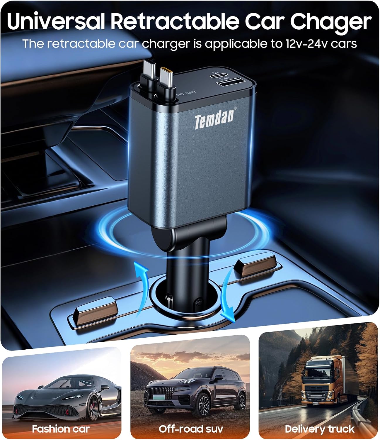 Retractable Car Charger,75W Fast Charger USB C Car Truck Accessories | Cigarette Lighter Adapter, Car Accessories, Birthday Gifts for Men Women Dad Mom Husband, for iPhone 15/16/17 Pro/17 Pro Max