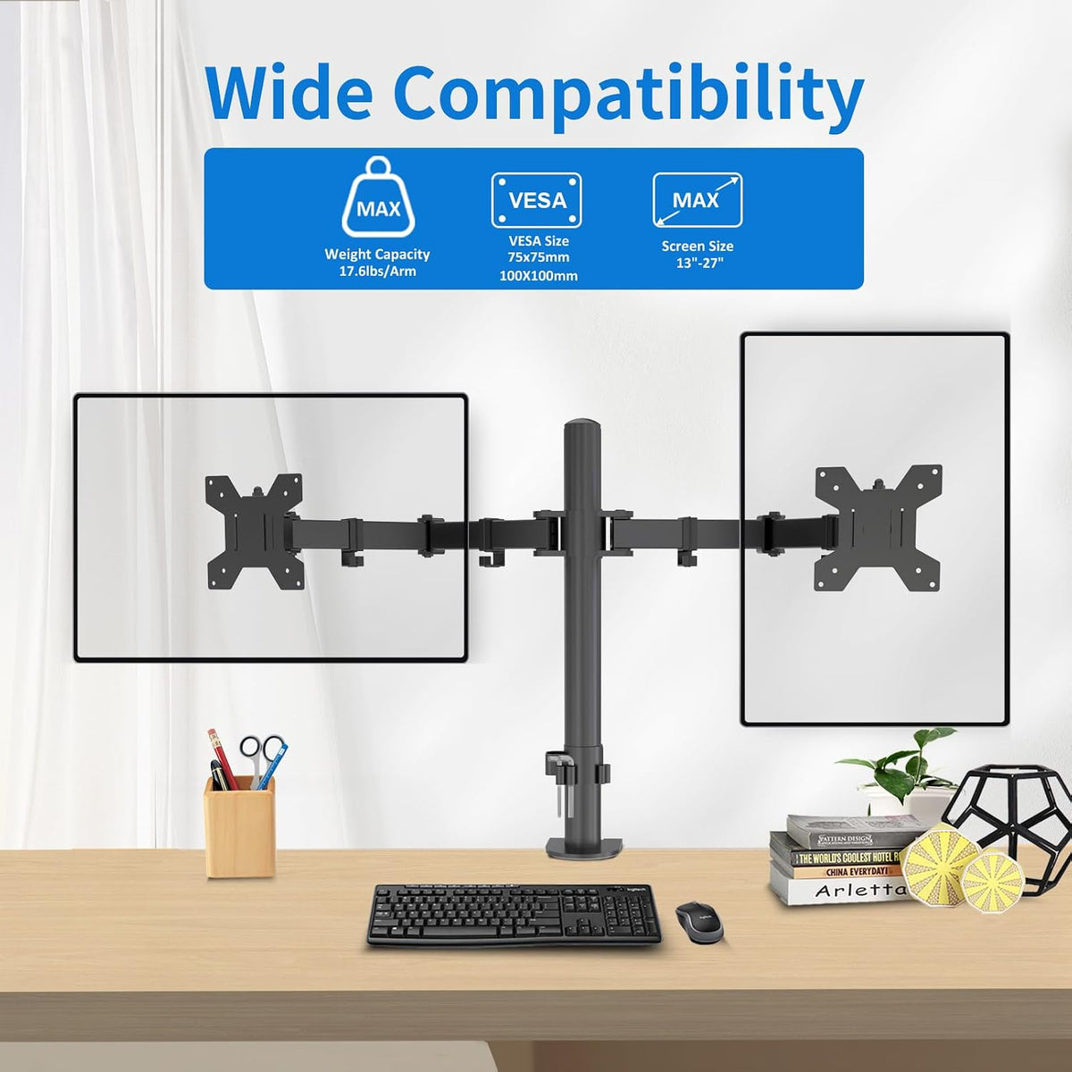 Dual Monitor Mount for 17-27 Inch Monitors up to 17.6 lbs, Desk Clamp