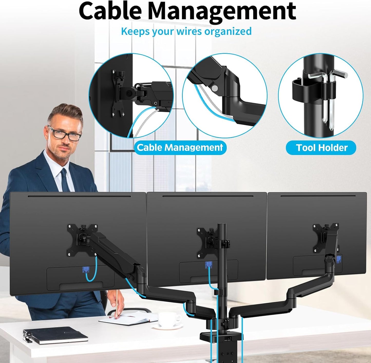 MOUNTUP Triple Monitor Mount for 17-32 inch Screens, Full Motion Triple Monitor Stand, 3 Monitors Desk Mount Holds 4.4-19.8 lbs Each, Clamp & Grommet Mounting, Black