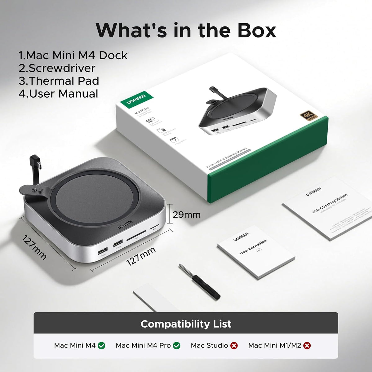 UGREEN Mac mini M4 Dock & Stand with NVMe SSD Enclosure | 3 USB A 10Gbps, USB C Data Port, SD Card Reader for Mac mini M4/ M4 Pro