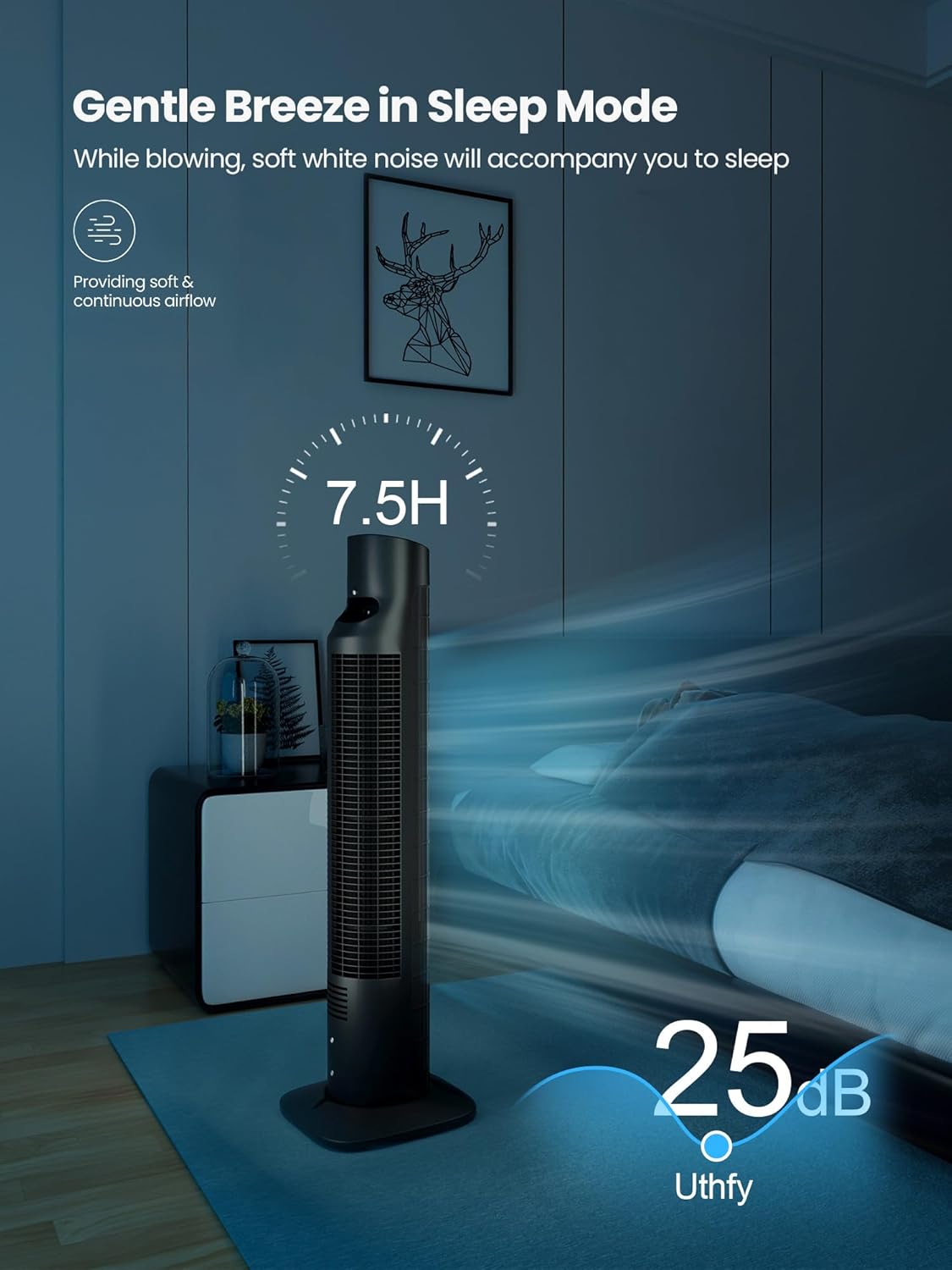 Uthfy Tower Fan with Remote, Portable 120° Oscillating Standing Fan, 3 Speeds & 3 Modes, 7.5H Timer, Fans That Blow Cold Air for Bedroom, Living Room, Office, Black
