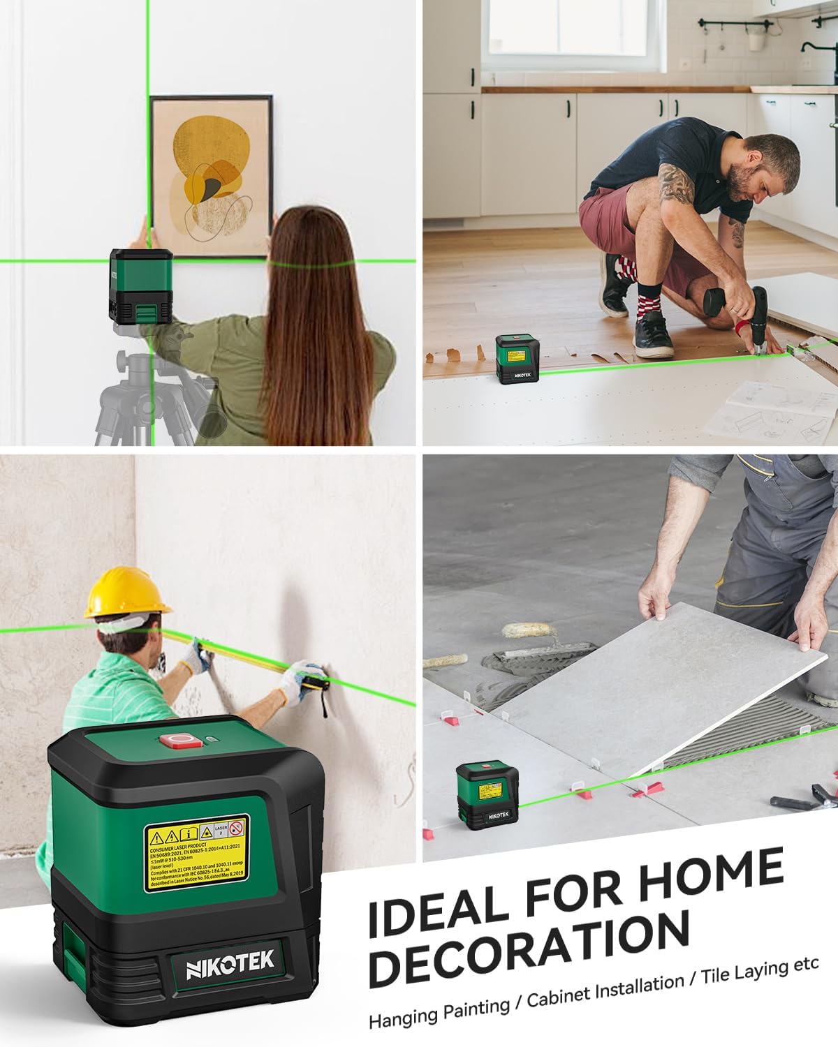 Laser Level, Self-leveling Green Line Laser With Horizontal and Vertical Lines for Construction and Picture Hanging, Battery Included (NK01G)