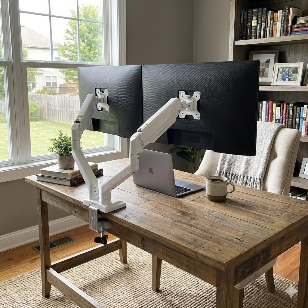 Dual Monitor Arms, Gas Spring Monitor Arms for 2 Monitors up to 34" Curved/Flat, 22lbs per Arm, VESA Mount 75x75 100x100mm, C-Clamp & Grommet Base, Adjustable Tilt/Swivel/Rotation White