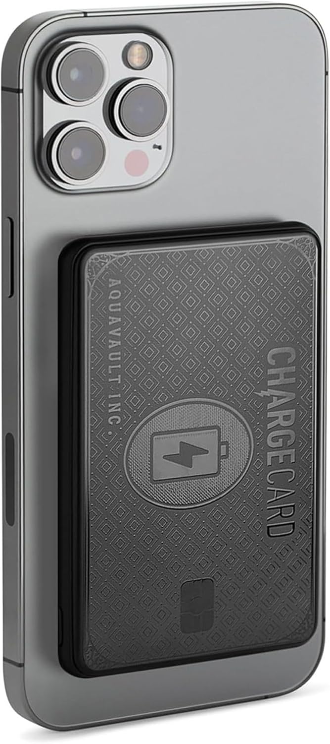 AquaVault ChargeCard Wireless Charge Card Phone Charger 5000mAh MagSafe 20W | Matte black, fits in your wallet. Magnetic attachment works with iPhone 12-17 and Android. 20W fast charge, 5000mAh capacity.