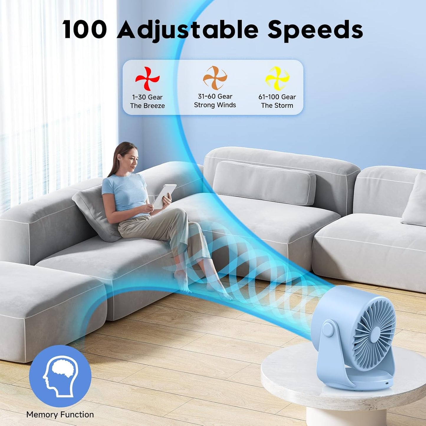 YOSHENMO Desk Fan, Turbo Table Fan for Bedroom, 100-Speed Digital Display, Low Noise, 105° Adjustable Tilt, 7.5-inch, Rechargeable Battery, Wall-Mouted Design for Home, Office, Travel Blue