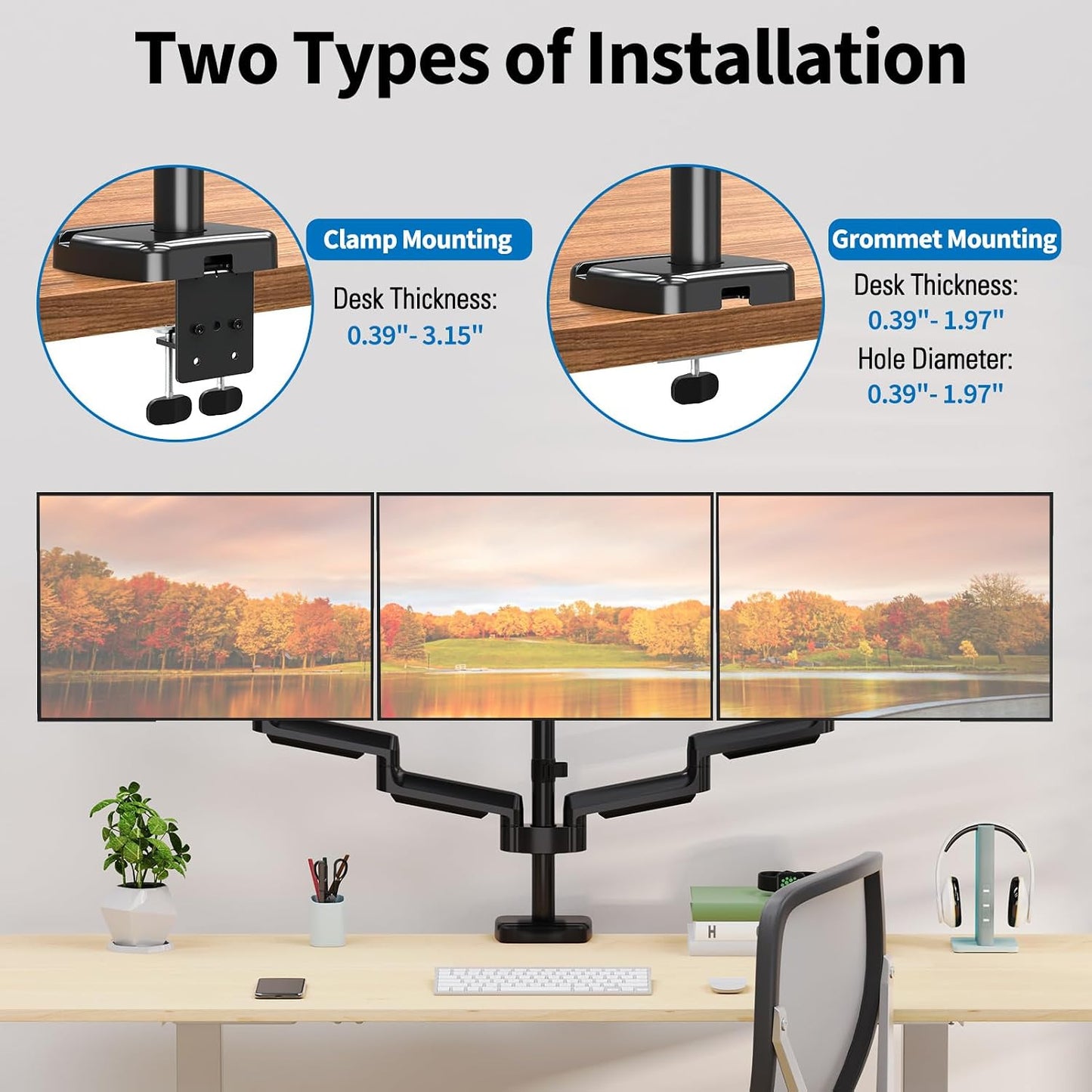 Triple Monitor Desk Mount for Computer Screens up to 32" | Holds up to 19.8 lbs Each, 3 Monitor Arm, Heavy Duty Stand Vesa Mount 75x75, 100x100