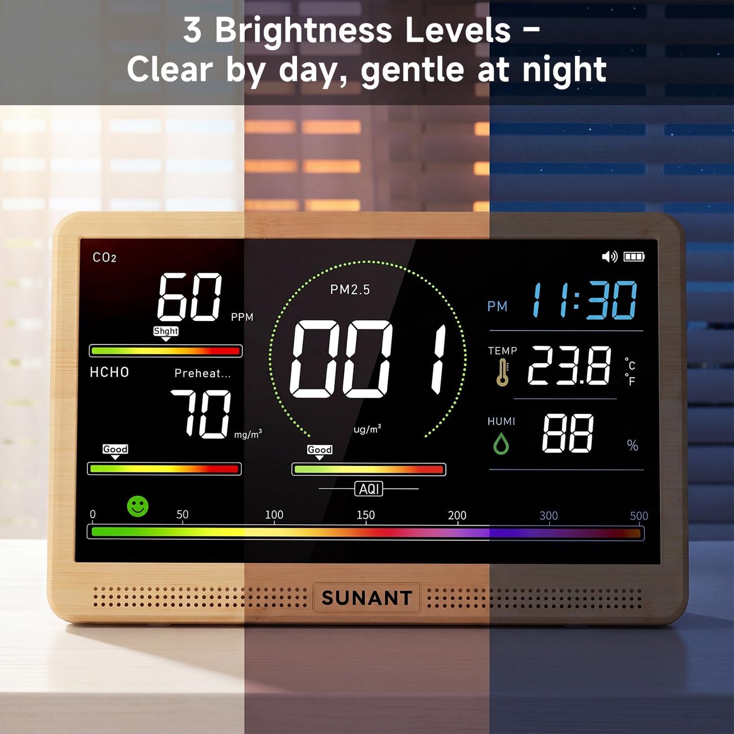16-in-1 Air Quality Monitor Indoor, 7' Smart Large Display 9 AQI+7 Alarm Alerts, Real Time CO2, Formaldehyde, TVOC, PM2.5, PM10, Temperature & Humidity Portable Battery Powered Tester for Home, Office