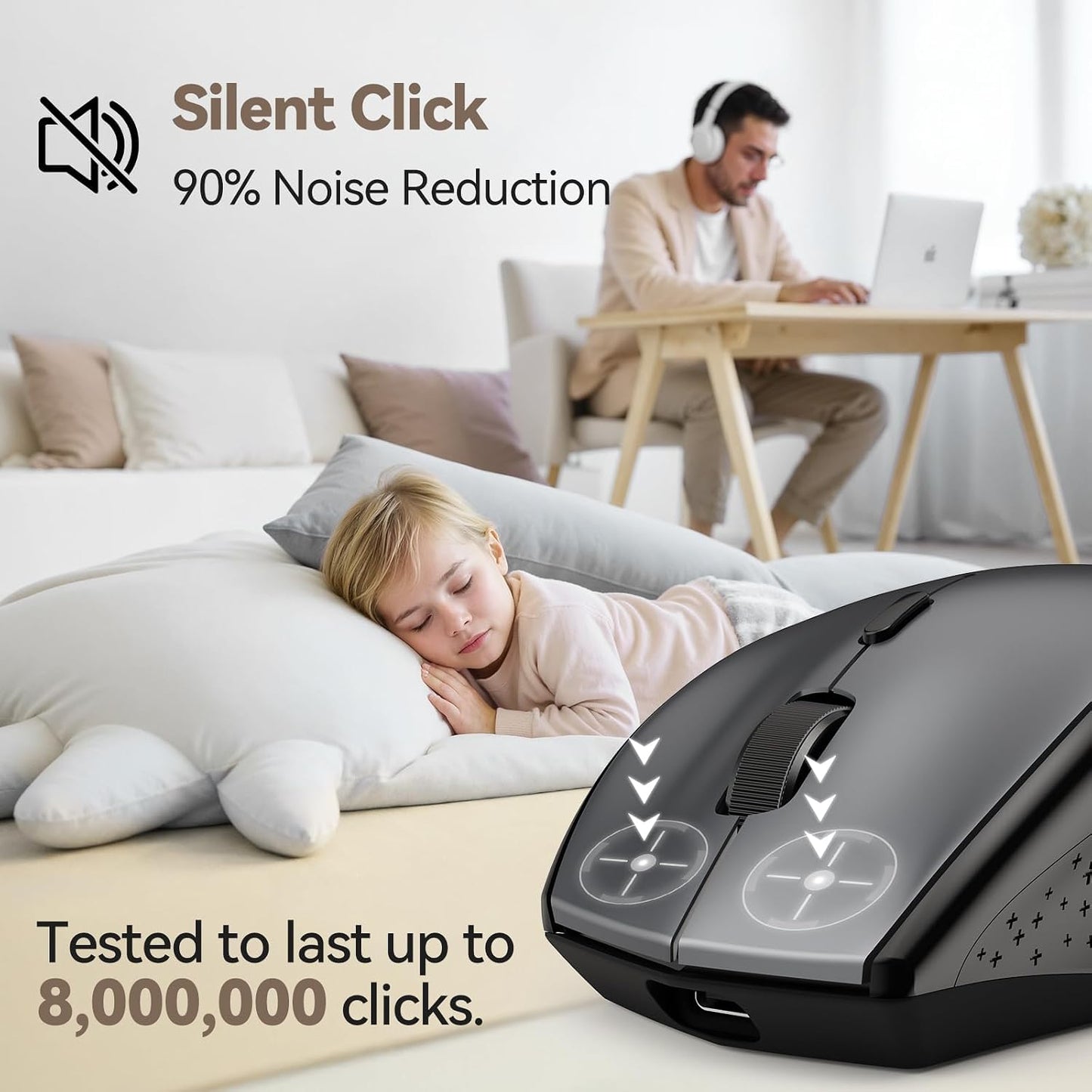TECKNET Rechargeable Mouse with Jiggler, 2.4G Connection with USB-C Adapter | Type-C Adapter, Mouse Mover, Plug & Play, 3X Faster Charge, Full-size Design, Silent Click