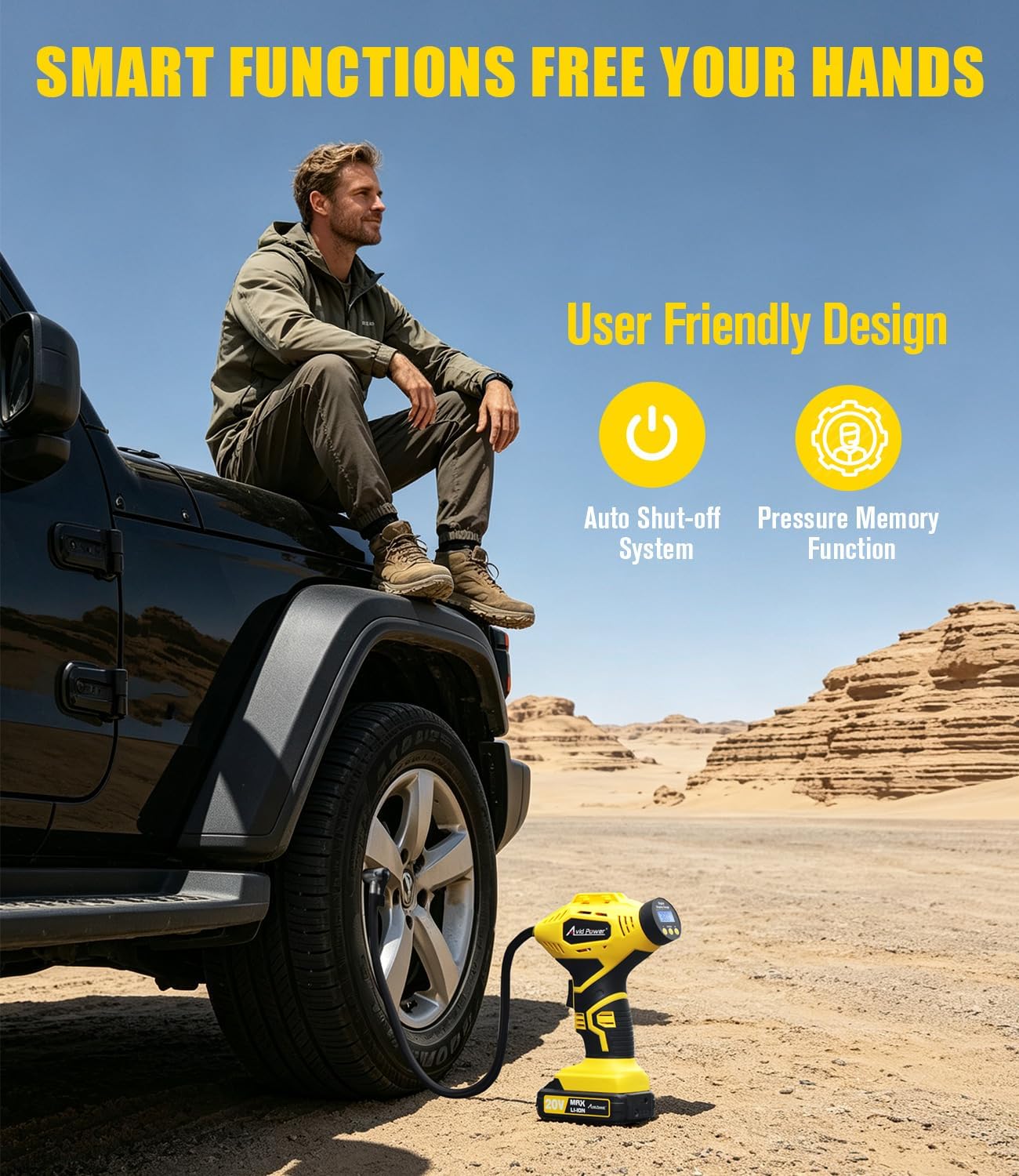 AVID POWER 20V Rechargeable Cordless Tire Inflator Portable Air Compressor | Auto Shut-Off, 12V DC Adapter, Air Tire Pump for Car, Bike, Ball, Motorcycle, 30 LPM, Digital Gauge, Yellow, for Emergency