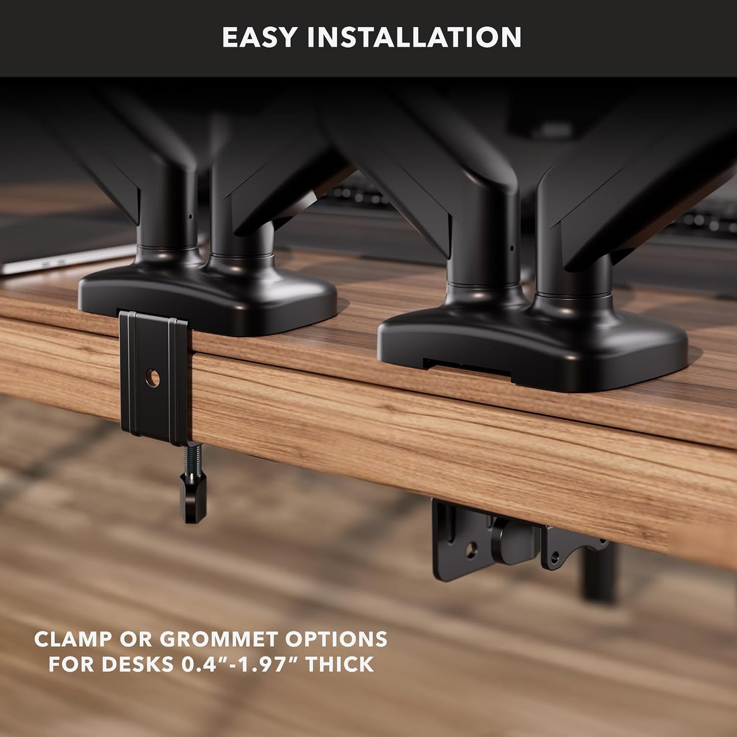 Mount-It! Dual Monitor Desk Mount, 13-32", 17.6 lbs Each | Two independent gas spring arms, full motion, VESA 75x75 &amp; 100x100, C-clamp &amp; grommet base.