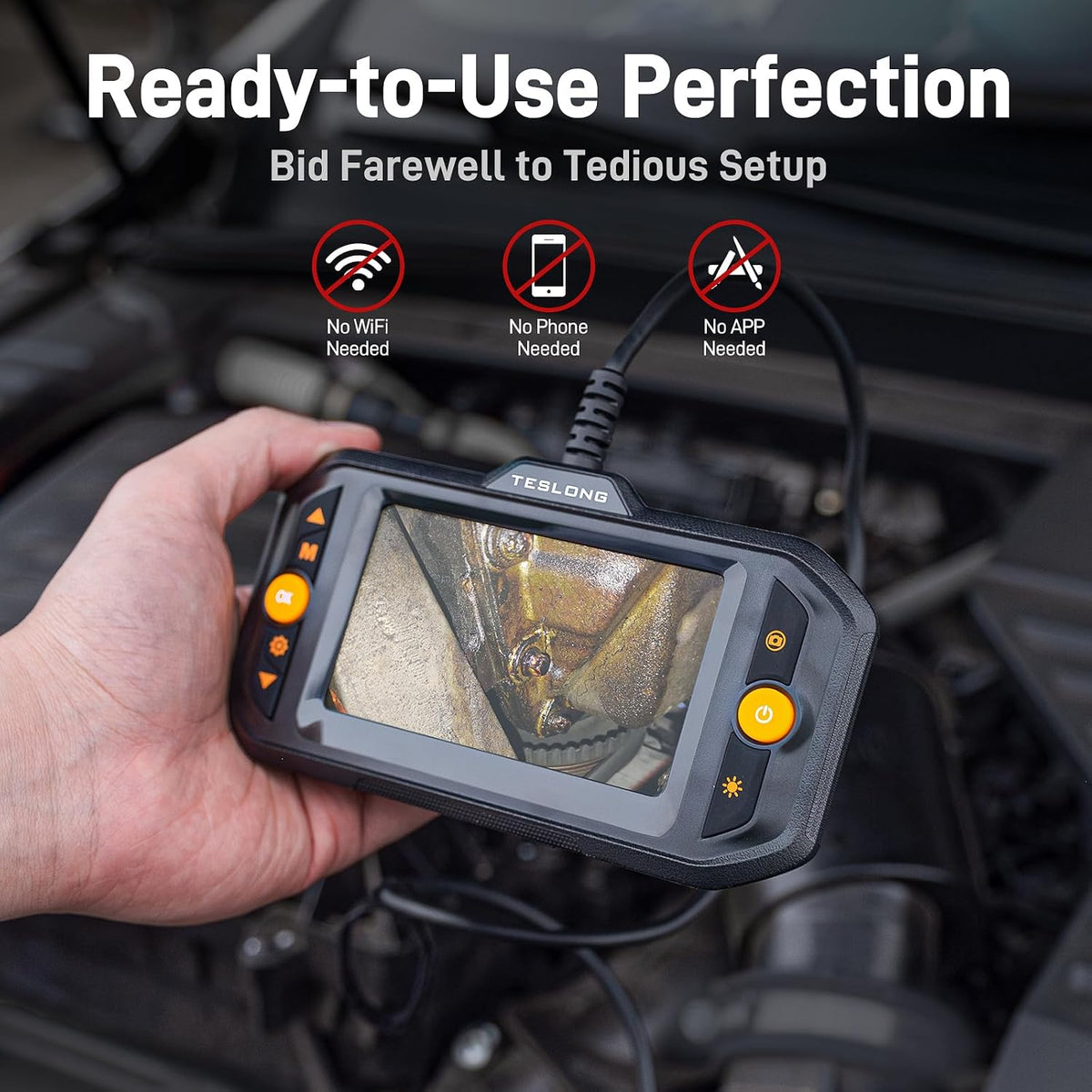 Teslong Dual Lens Borescope with Light for Automotive Mechanic Wall Vent | 0.32 inch Endoscope, 4.3" IPS Screen, 16.5FT Cable, 1.0MP HD, 8+1 LED Lights, IP67 Waterproof, 1500mAh Battery, 1.5x Zoom