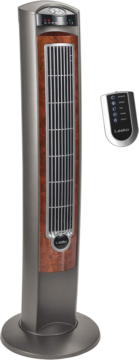 Lasko Oscillating Tower Fan with Remote - Quiet Standing Fan for Bedroom, Office, and Home - 3 Speeds - Powerful Cooling Air - T42954 - 42" Tall – Gray/Woodgrain