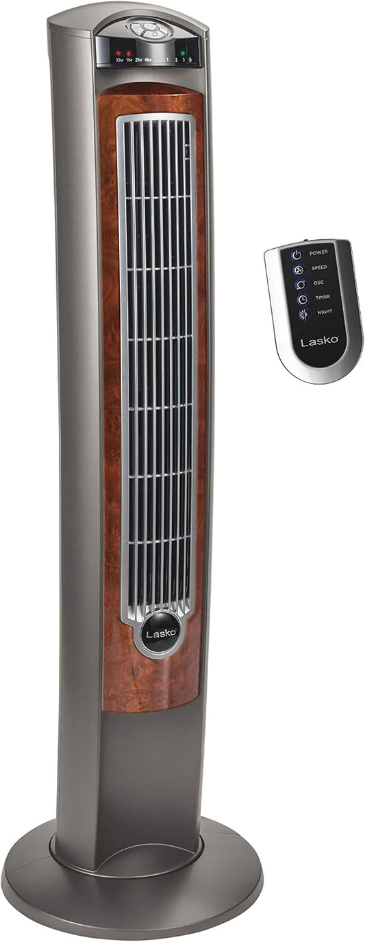 Lasko Oscillating Tower Fan with Remote - Quiet Standing Fan for Bedroom, Office, and Home - 3 Speeds - Powerful Cooling Air - T42954 - 42" Tall – Gray/Woodgrain