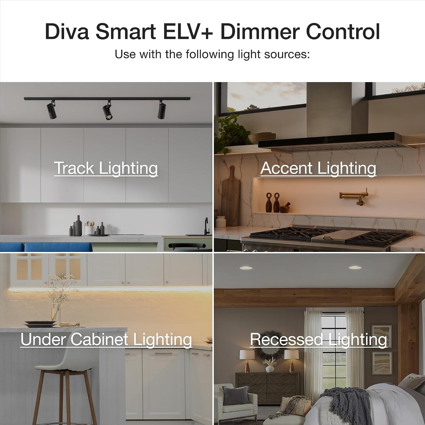 Lutron Caseta Diva ELV+ Smart Dimmer (Smart Hub Required) for ELV Lighting | ELV Smart Dimmer controls track lighting, strip lighting, ELV fixtures, create favorite light level, DVRF-5NE-WH, White