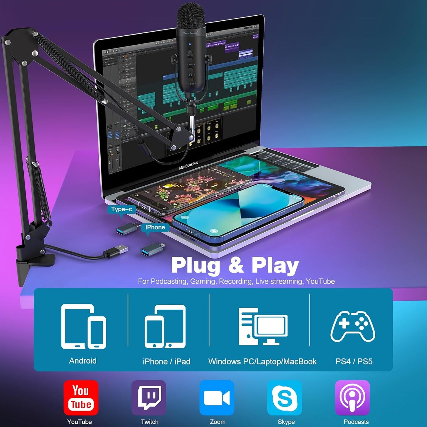 ZealSound Podcast Microphone with Boom Arm, USB Mic with Noise Reduction, Mute, Echo & Volume Control, Zero-Latency Monitoring, Compatible with PC Mac iPhone & Android, for Podcasting Gaming YouTube