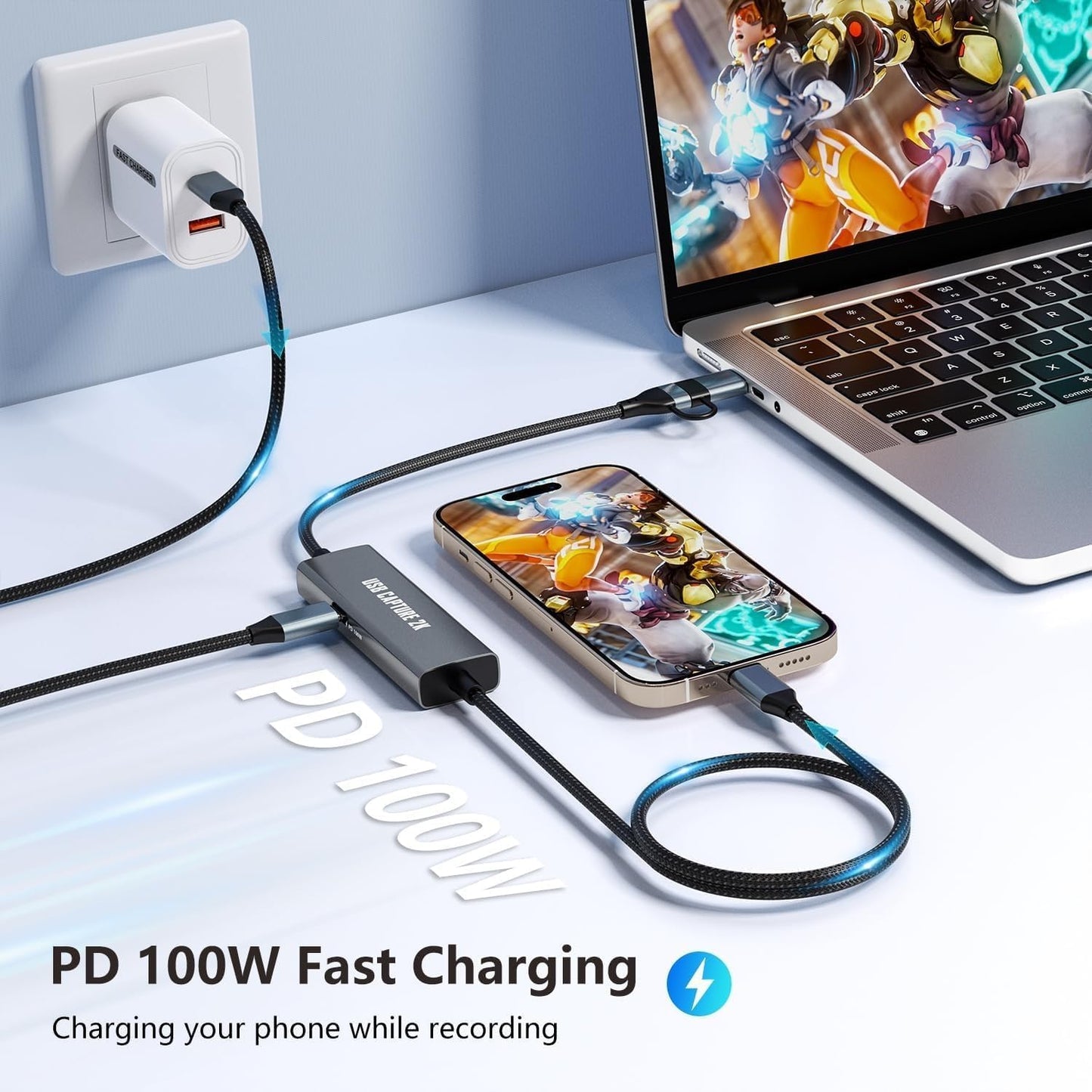 1080P 60FPS 2K@30Hz Capture Card, Type C to USB-A/C Video Capture Card USB 3.0 with 100W Power Delivery Ultra-Low Latency for Streaming, Recording, Gaming Compatible with Switch, iPad, Steam