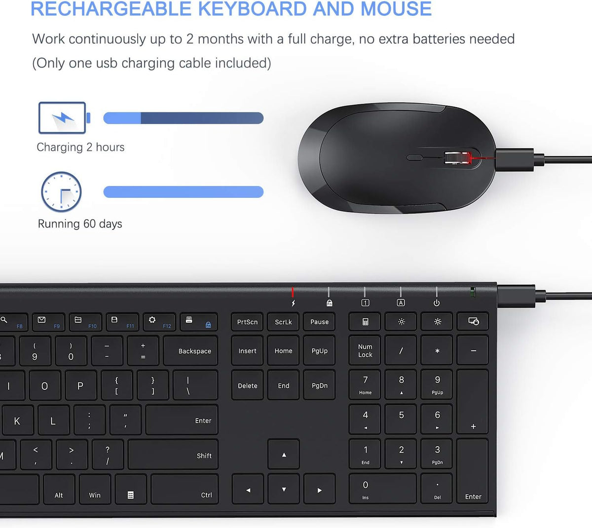 Vssoplor Wireless Keyboard and Mouse, Rechargeable Ultra Slim, Black