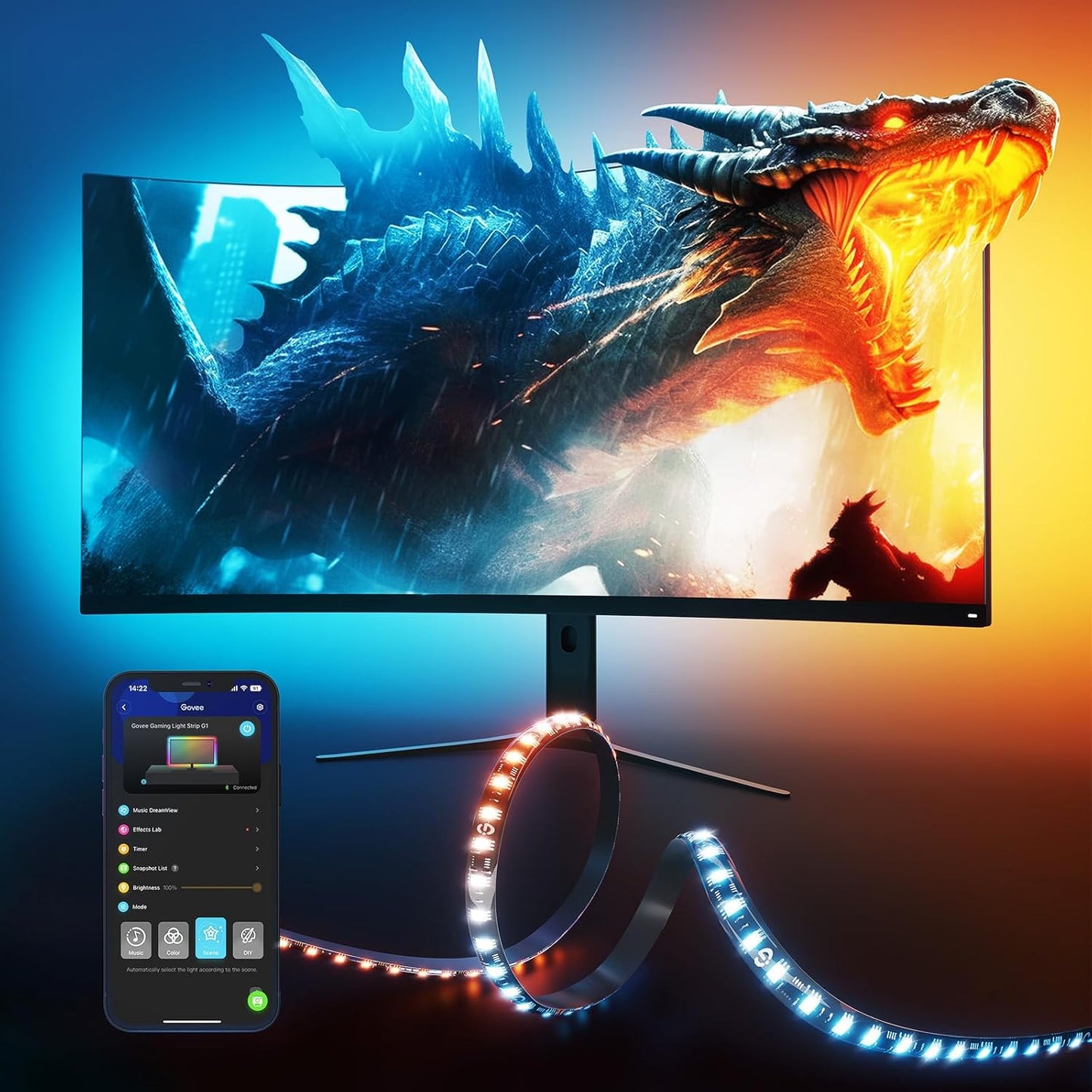 Govee Gaming Light for Monitor G1, RGBIC LED Backlight for 27-34 Inch PC | Smart LED Lights for Monitors with Color Matching, Adapts to Curved Monitors, Double Strip Light Beads with 123 Scene Modes