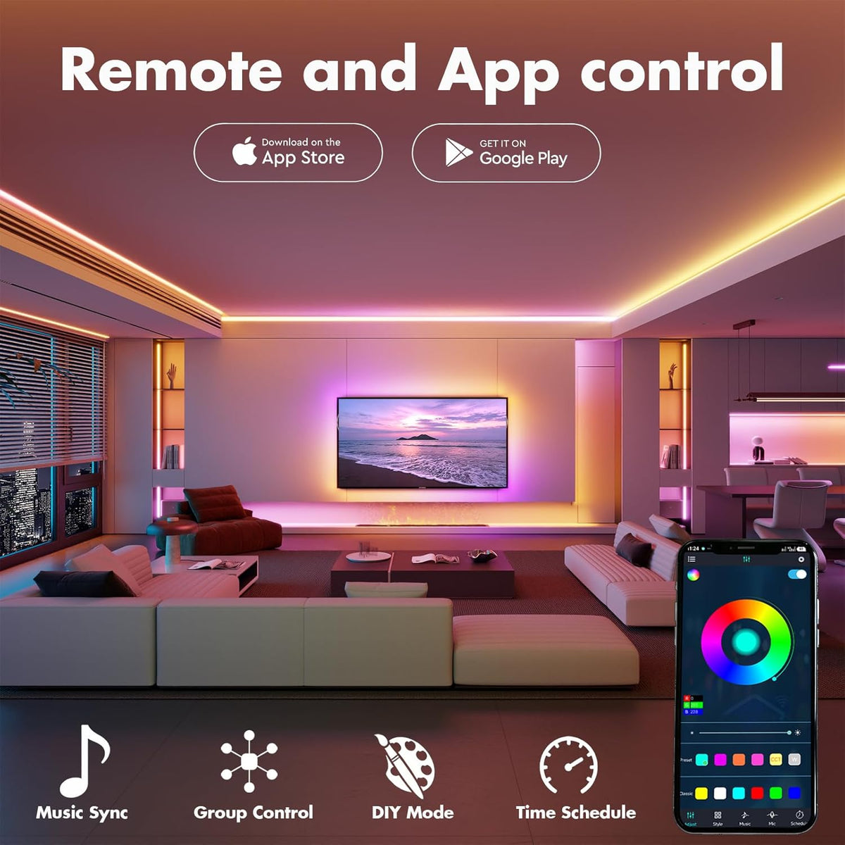 Led Lights for Bedroom 100FT Smart IC+RGB Strip Lights | Music Sync Color Changing, 24Key Remote+App Control Light Strip for BedHead,Underbed,Ceiling,Background Wall(2x50FT)