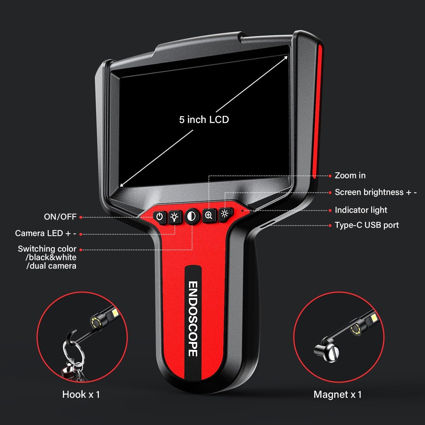 Endoscope Camera with Light: 5" 1080P HD Dual-Lens Inspection Borescope Camera for Sewer - 16.4ft Waterproof Industrial Endoscope - Flexible Snake Bore Scope for Plumbing Automotive