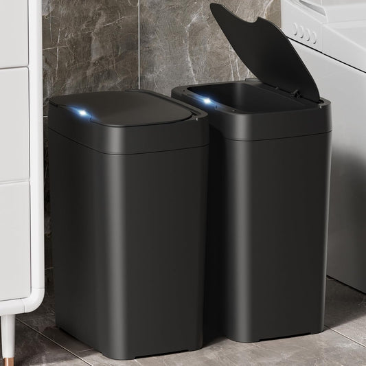 Vanpopubs 2 Pack 2.7 Gal Bathroom Trash Can with Lid, Automatic Trash Can Small Smart Garbage Can Touchless, Slim Motion Sensor Waterproof Plastic Trash Bins for Bedroom Office Kitchen Toilet Black