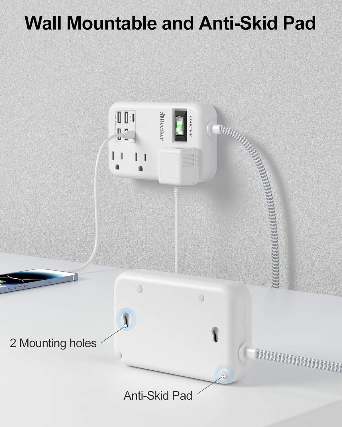 6 USB Travel Power Strip,4 Outlets,5Ft Extension Cord,Surge Protector,13A | 2 USB C,6 USB Charging Station,5Ft Braided Extension Cord,Surge Protector,Switch,Wall Mount,Flat Plug,For Travel Office Dorm
