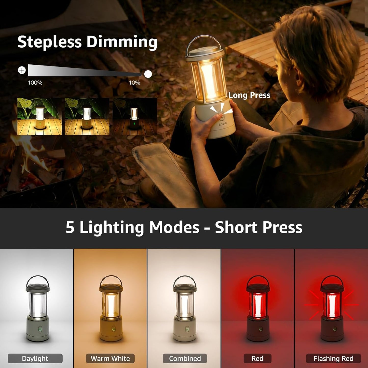 Lepro 2000LM LED Camping Lantern Rechargeable, Waterproof Tent Light with 5 Light Modes, Camping Essentials, Portable Lantern Flashlight for Camping, Emergency Light, Power Outage, USB Cable Included
