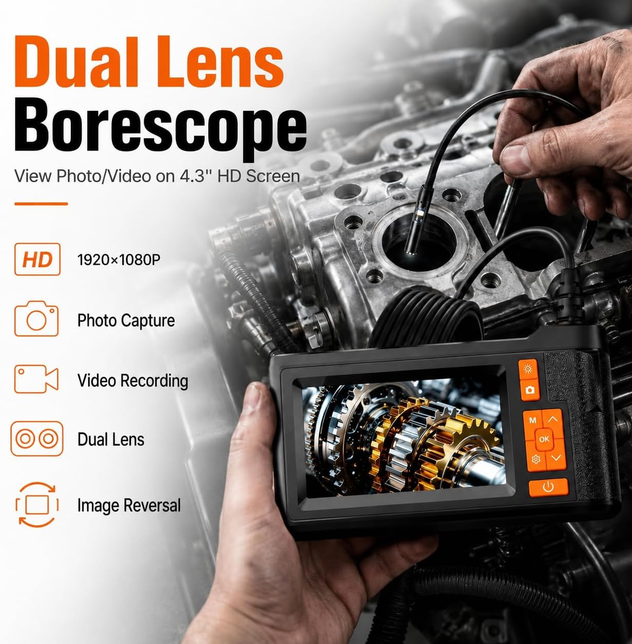Dual Lens Borescope Inspection Camera, 4.3" HD Screen 1080P Photo Video | Endoscope Camera with 32GB Card, 8+1 Lights, 16.4FT Semi-Rigid Cable, IP67 Waterproof Snake Camera for Automotive, Pipe, HVAC