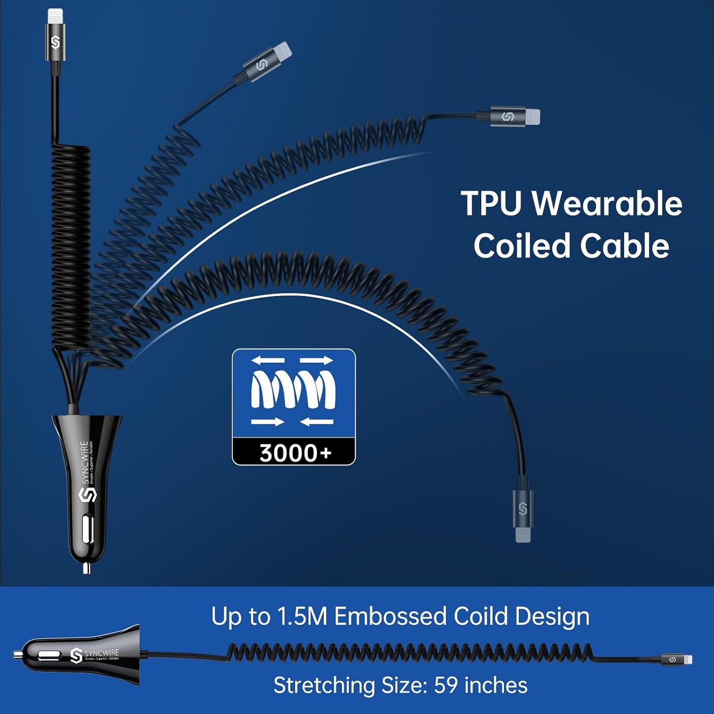 Syncwire iPhone Car Charger - Upgrade [Apple MFi Certified] 4.8A/24W Car Charging Adapter with Built-in Coiled Lightning Cable for Apple iPhone 14/13/12/11/Xs/XS Max/XR/X/8/7/6 Plus, iPad & More