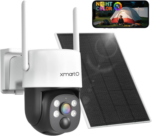 XMARTO Wireless Solar Security Camera, 0-Light Night Color PTZ AI Tracking