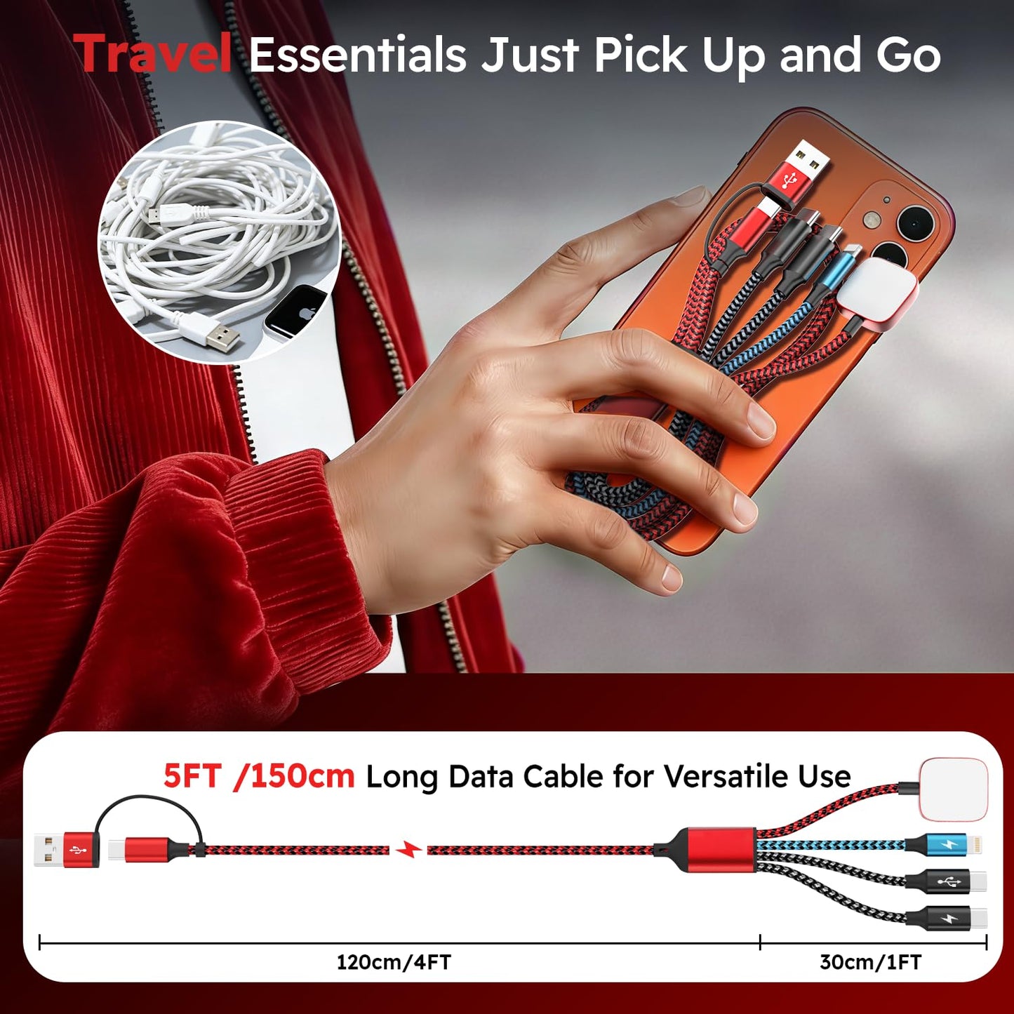 Travel Essentials 4 in 2 Multi Charging Cable for iWatch Charger 2Pack,5FT | Camping/Vacation/Cruise Essentials 2026 with Dual Type-C/ Apple Watch Charger/IP for iWatch 11-2/Ultra,iPhone 17-8,Galaxy,Car
