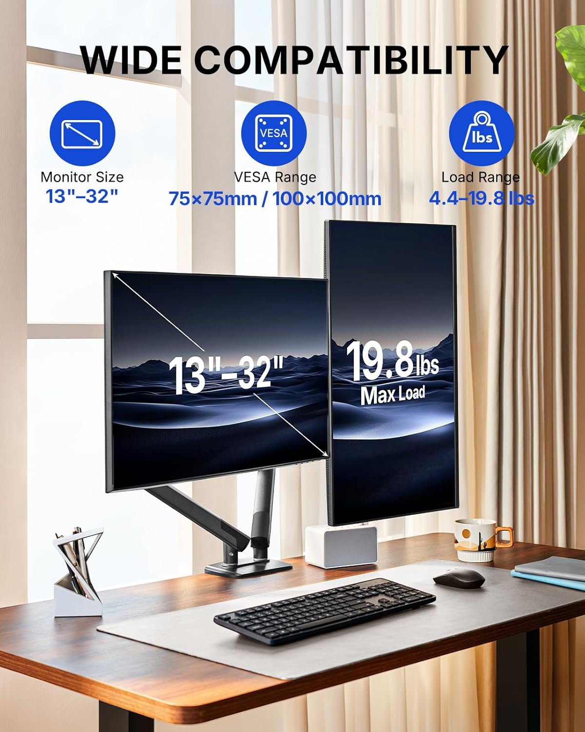 HUANUO FlowLift Pro Dual Monitor Mount for 13–32" Screens, MechaSpring Monitor Stand, Adjustable Monitor Arms for 2 Monitors with Tilt/Swivel/Rotation, Tool-Free VESA Mount, Max Load 19.8 lbs