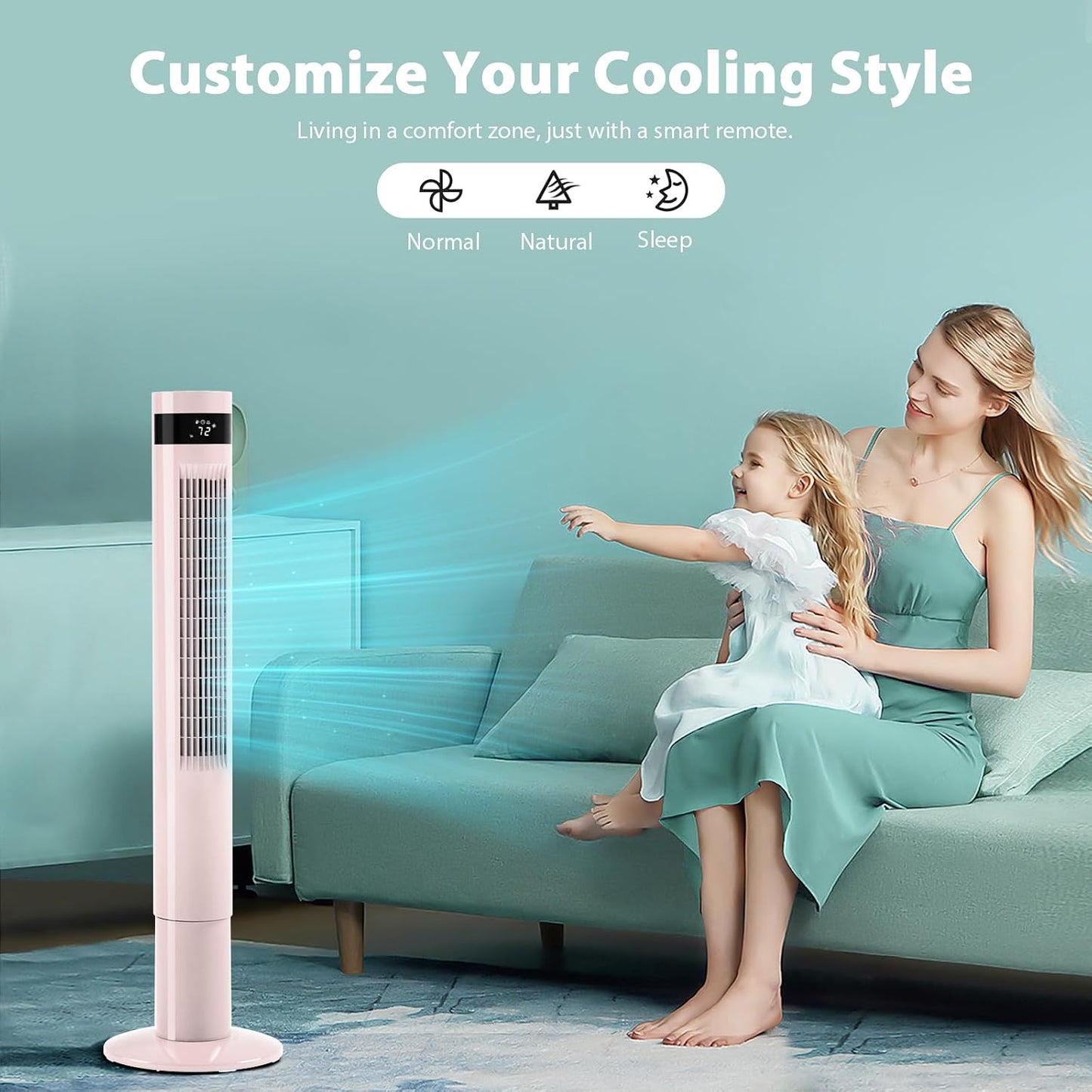 Antarctic Star Tower Fan Portable Electric Oscillating Fan (43 inch, Pink) | Quiet Cooling Remote Control Standing Bladeless Floor Fans 3 Speeds Wind Modes Timer for Bedroom Office