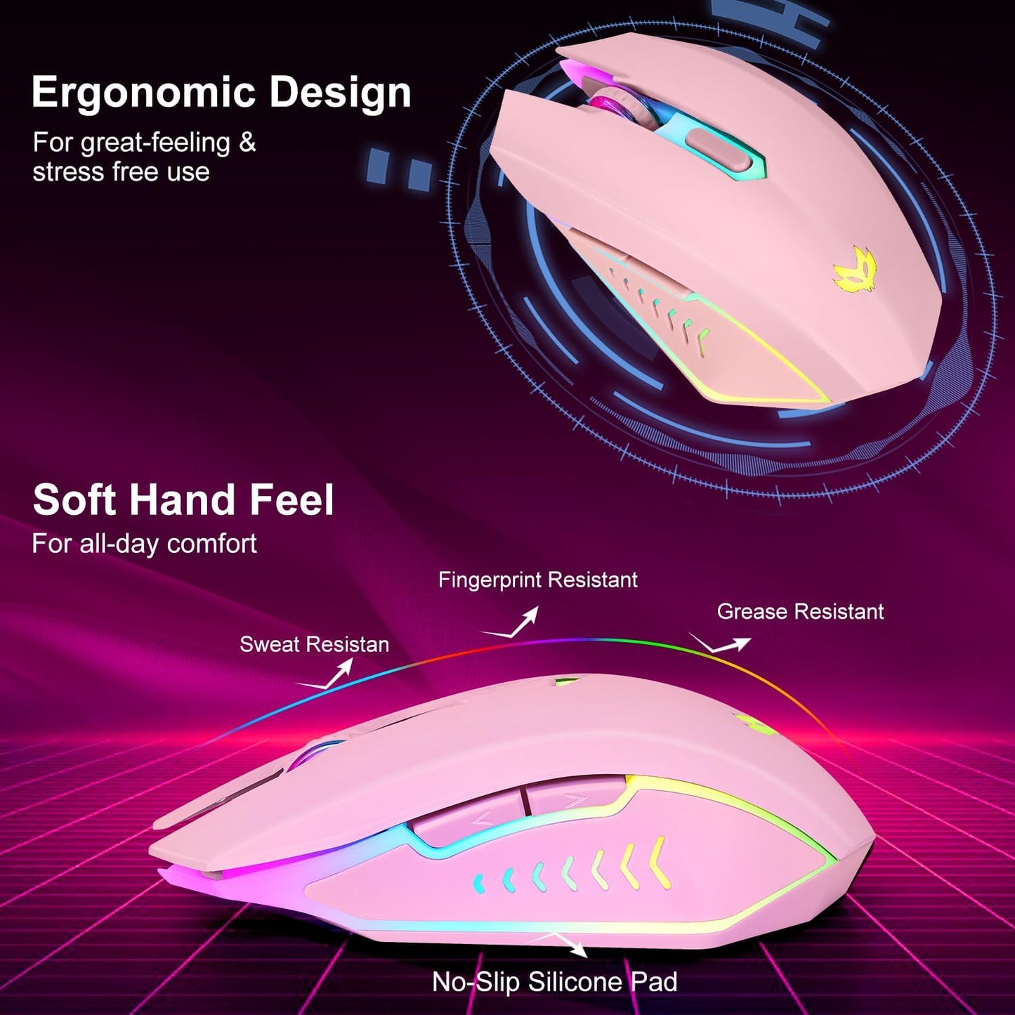 Wireless Gaming Mouse, Rechargeable Computer Mouse, 7-Color LED Light, Ergonomic Mouse with 6 Silent Click Buttons, 3 Adjustable 2400 DPI Wireless Mouse for Laptop,PC,Mac, Pink