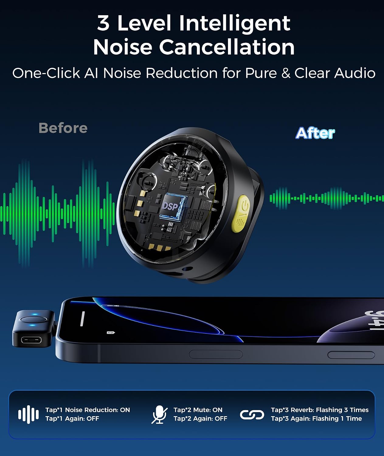 Wireless Lavalier Microphone for iPhone & Android Phones, Clip-on Lapel Mic | AI Noise Reduction & Hi-Fi Audio & 24H Working Time & 50M/164FT Range, for Video Recording/Live Stream/Vlog/Podcast/Interview