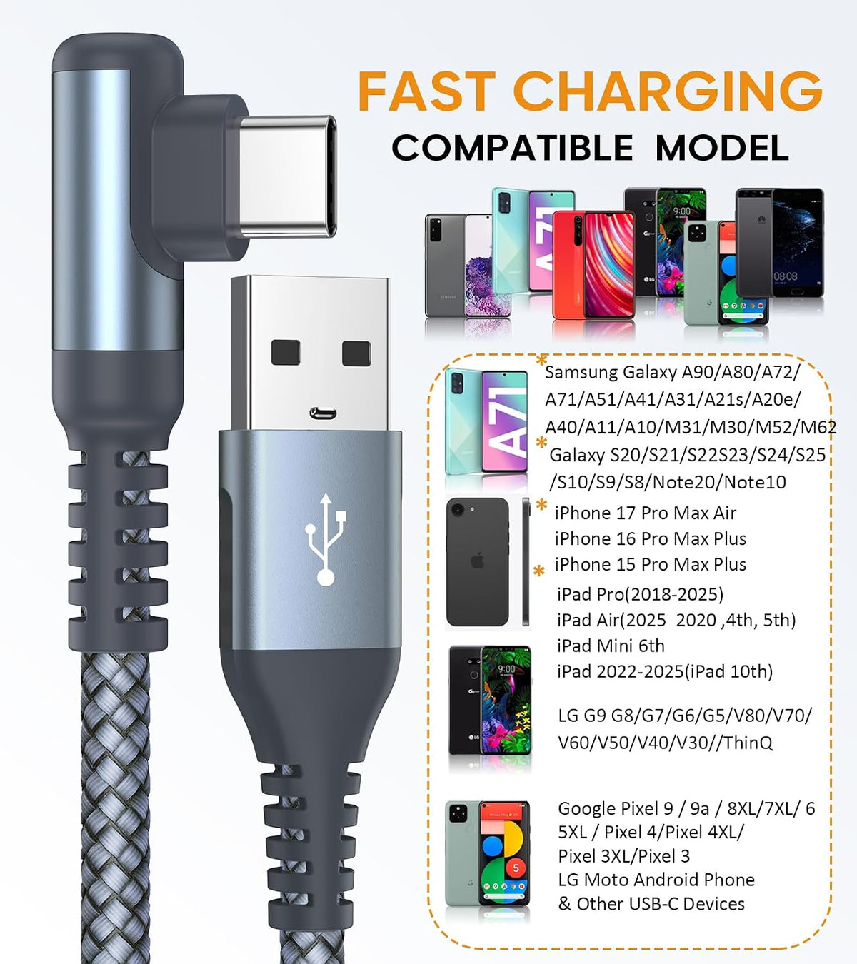 USB to USB C Cable Right Angle 2-Pack 6.6ft 3.1A Fast Charging Carplay Cord