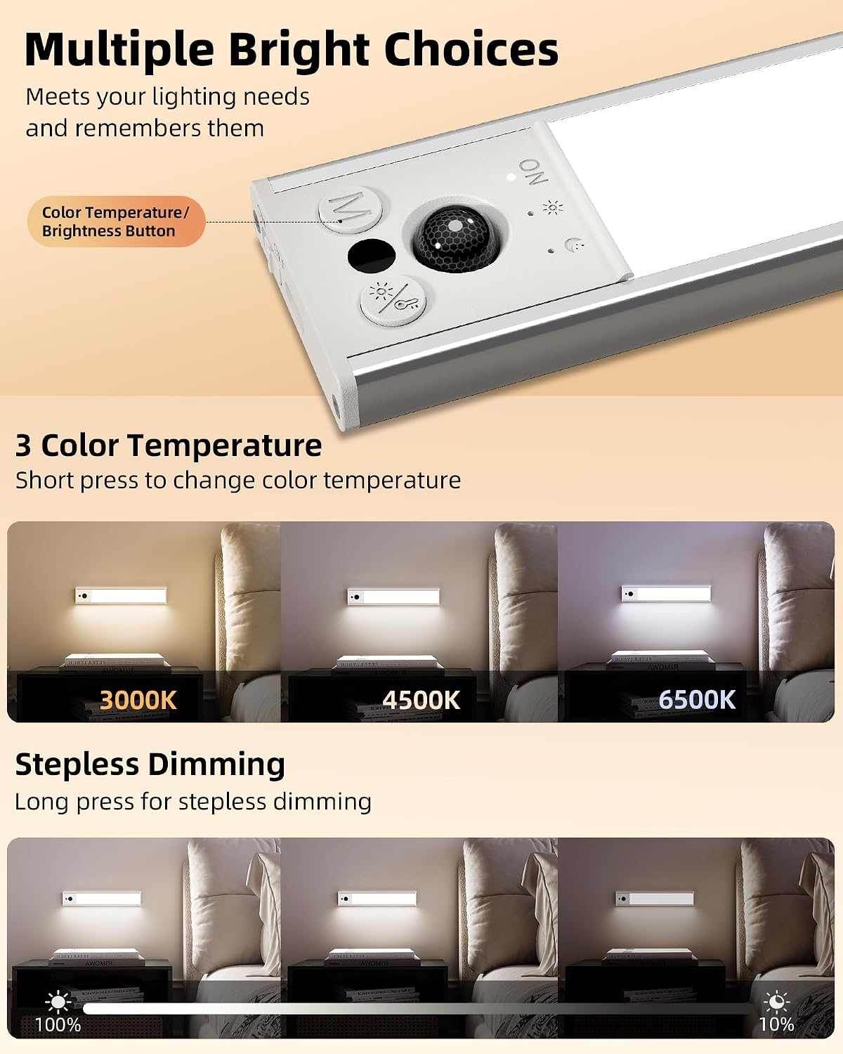 EZVALO 14.5inch Under Cabinet Lighting, 2 Pack 3500mAh Rechargeable Motion Sensor Light Indoor with 3 Color Temperatures, Dimmable & Magnetic Closet Light, Wireless Counter Lights for Kitchen, Stairs