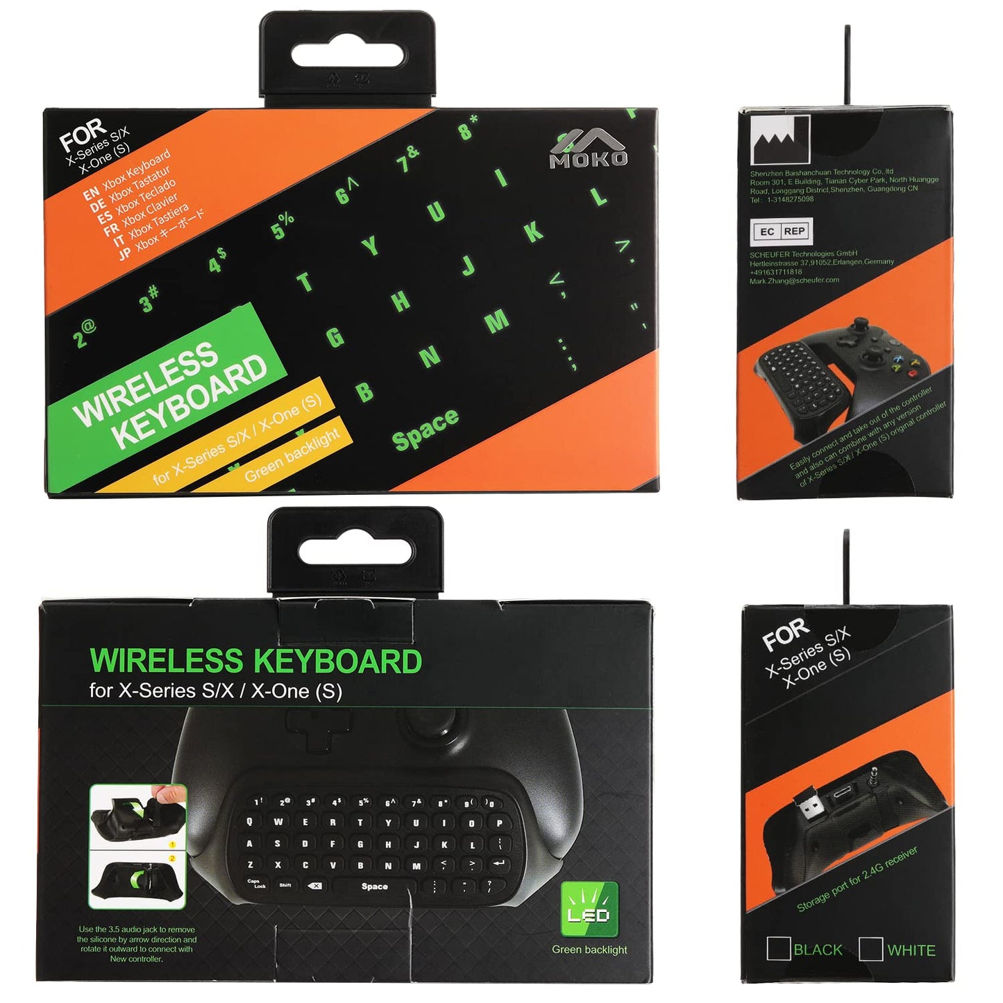 MoKo Green Backlight Keyboard for Xbox One Controller, Black | Wireless Chatpad with Headset & Audio Jack, Accessories fits Xbox One/One S/ Elite/2, Series X/S, 2.4G Receiver Included