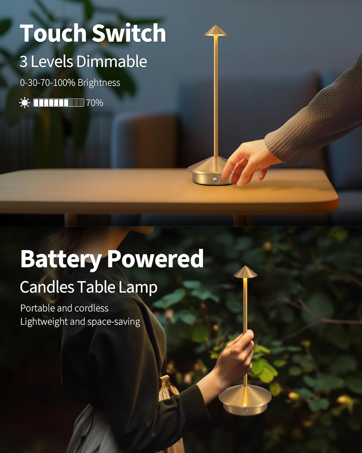 Modern Cordless Table Lamp Set of 2, Gold Portable LED Desk Lamps | 5000mAh, Rechargeable, Battery Operated Lighting for Bedroom, Dining Room, Restaurant, Coffee Shop, Camping, Night Light
