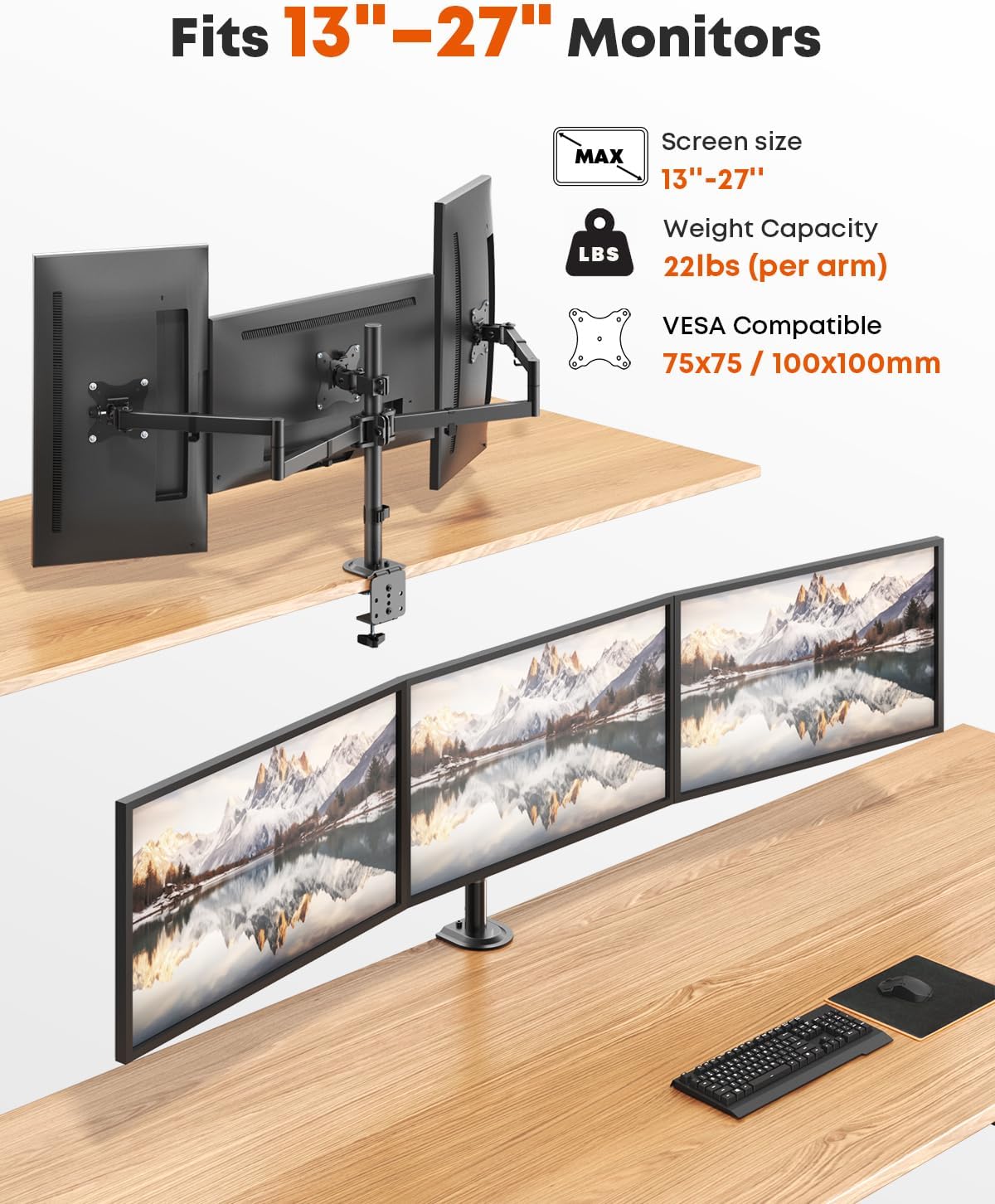 Triple Monitor Mount,Full Motion Arm Fits up to 27 inch | Three Monitor Desk Mount,Cable Management,22 lbs Weight Capacity per Arm,VESA 75/100mm,Black